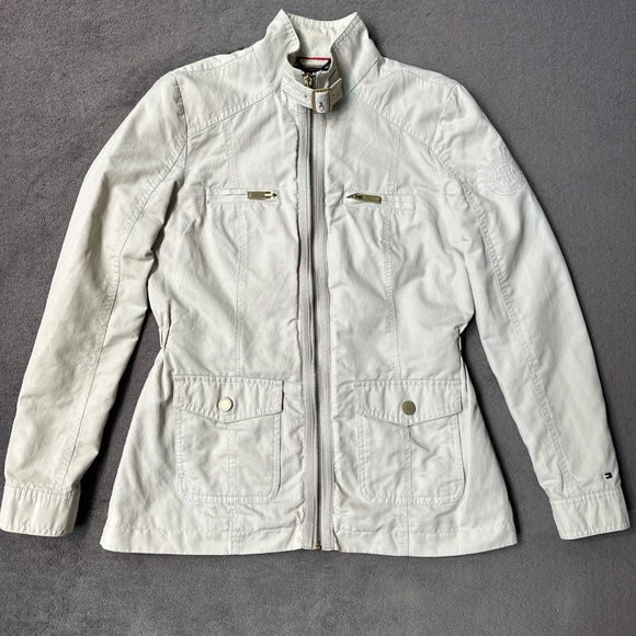 Y2K Tommy Hilfiger Women's Rain Jacket Lightweight Ivory Zip-Up Small Retro - Picture 1 of 10